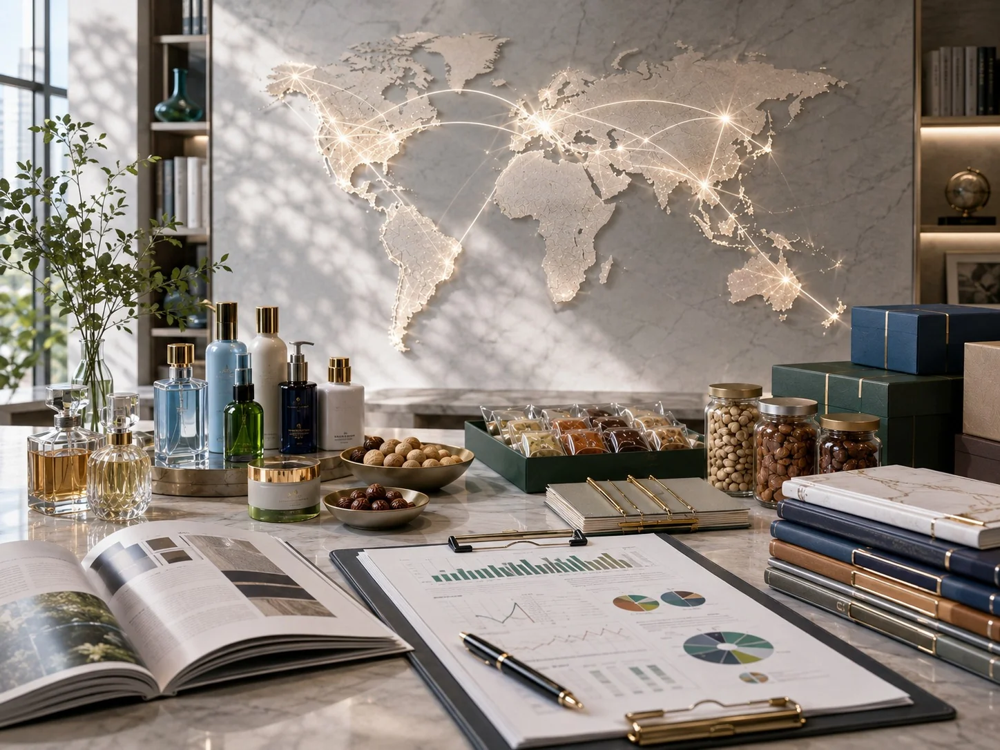 A marble showroom counter with fragrance and skincare products, confectionery, market-analysis charts and leather ledgers, in front of an illuminated world map of trade routes