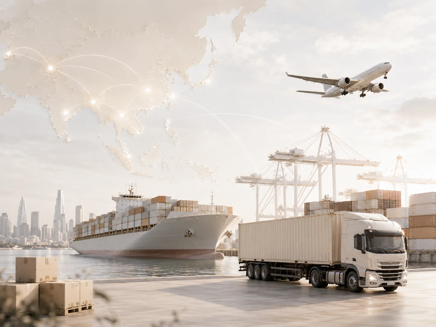 Cargo ship, cargo plane and freight truck at a shipping port beneath a pale gold network map of Asia, representing CravePact's logistics reach