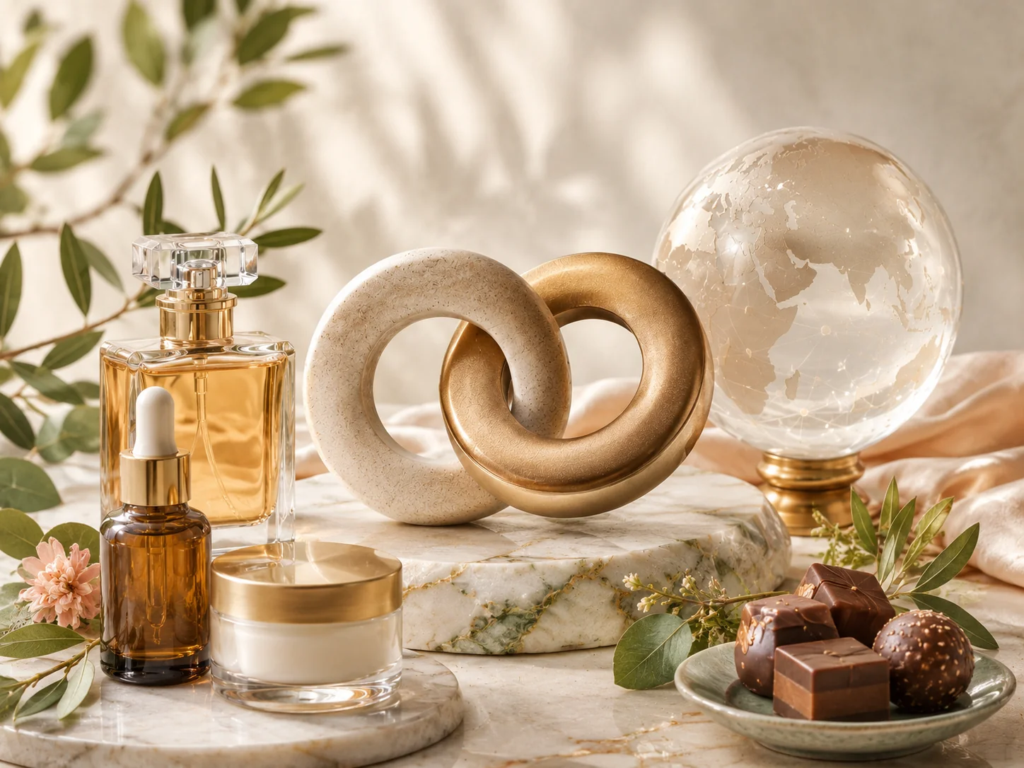 A stone and gold interlocking ring sculpture beside fragrance, skincare and confectionery products, with a glass globe of gold trade routes on a marble surface